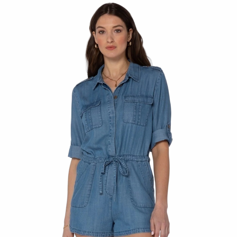 Chambray denim shorts romper jumpsuit size large